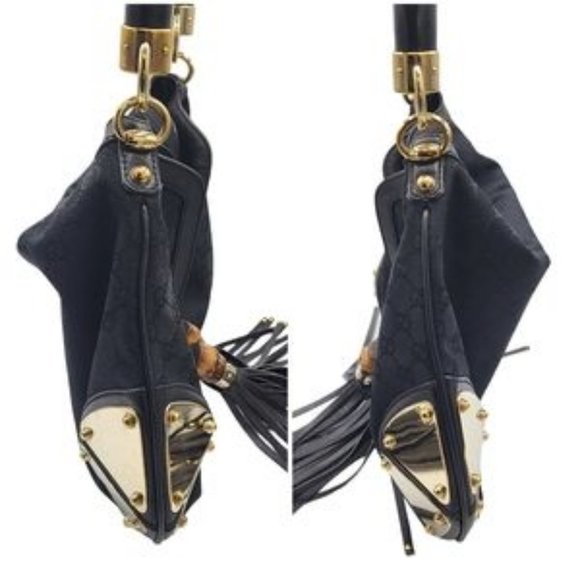 Gucci Guccissima Indy Hobo Bag with Top Handle Bamboo & Tassels Black 177139 - Picture 9 of 12